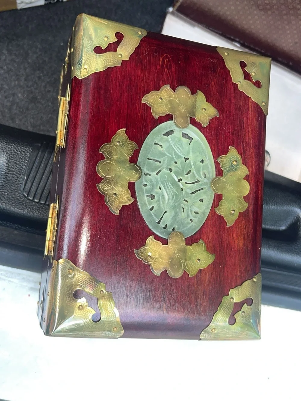 Vintage Red Wood Jewelry Box with Brass & Jade Accents
